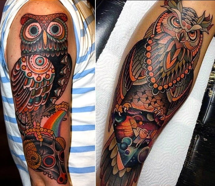 Búhos tatuados en el brazo y la pierna