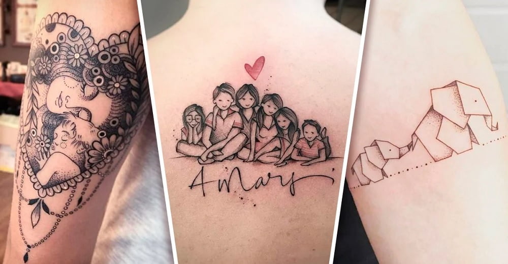 Varios ejemplos (familia, animales) de tatuajes madre e hija