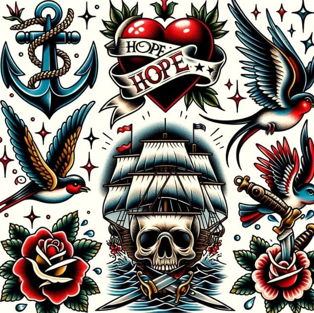 Varios tatuajes de la vieja escuela