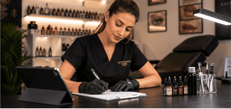 Asesora de Tattoo School Madrid ofreciendo orientación personalizada sobre el curso de micropigmentación homologado según la experiencia y objetivos de cada alumna.