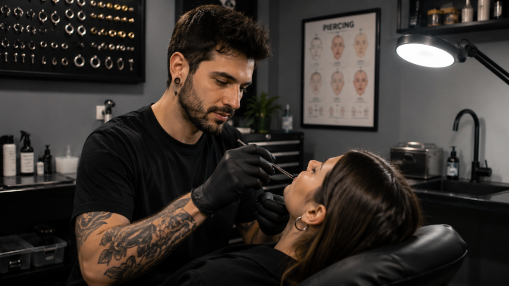 Curso de Piercing Profesional con profesor realizando una práctica en estudio